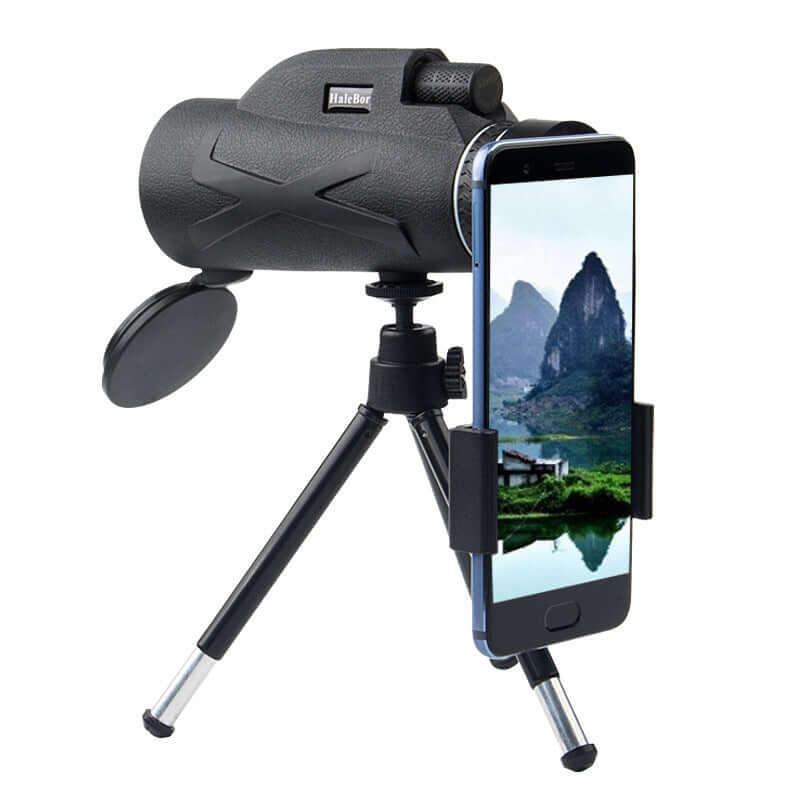 Outdoor monocular with smartphone mount for night vision and astronomy, featuring adjustable tripod.