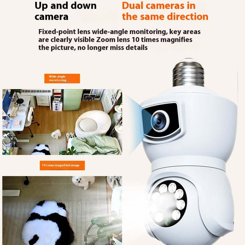 Dual camera surveillance lamp with wide-angle view and 10x zoom for detailed monitoring in indoor environments.
