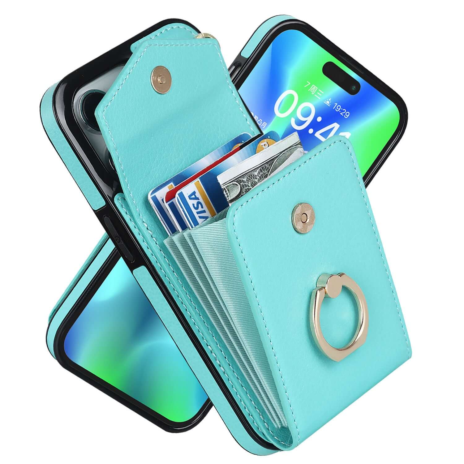 Creative mint green mobile phone leather cover with card slots and ring for Apple devices, protective and stylish design.
