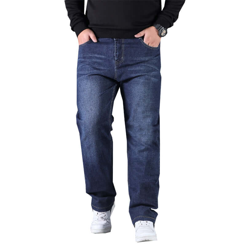 Men's casual straight loose-fitting pants in blue denim, featuring a minimalist style and comfortable fit.