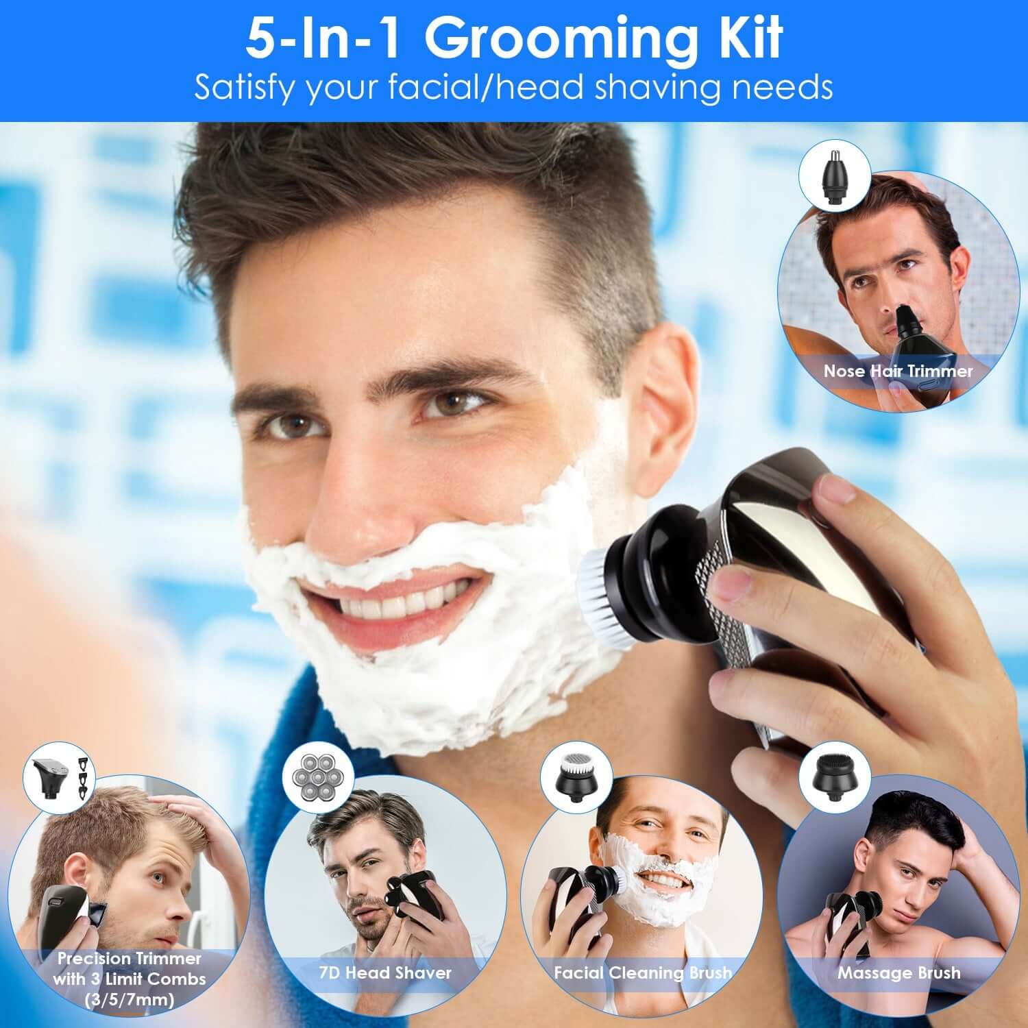 1Pc Head Shavers For Bald Men 5 In 1 7D Electric Rotary Razor Rechargeable Cordless Head Beard Trimmer Shaver Kit IPX6 Waterproof Dry Wet Grooming Kit With 3 Combs - DBMP (Electronics And More Store)