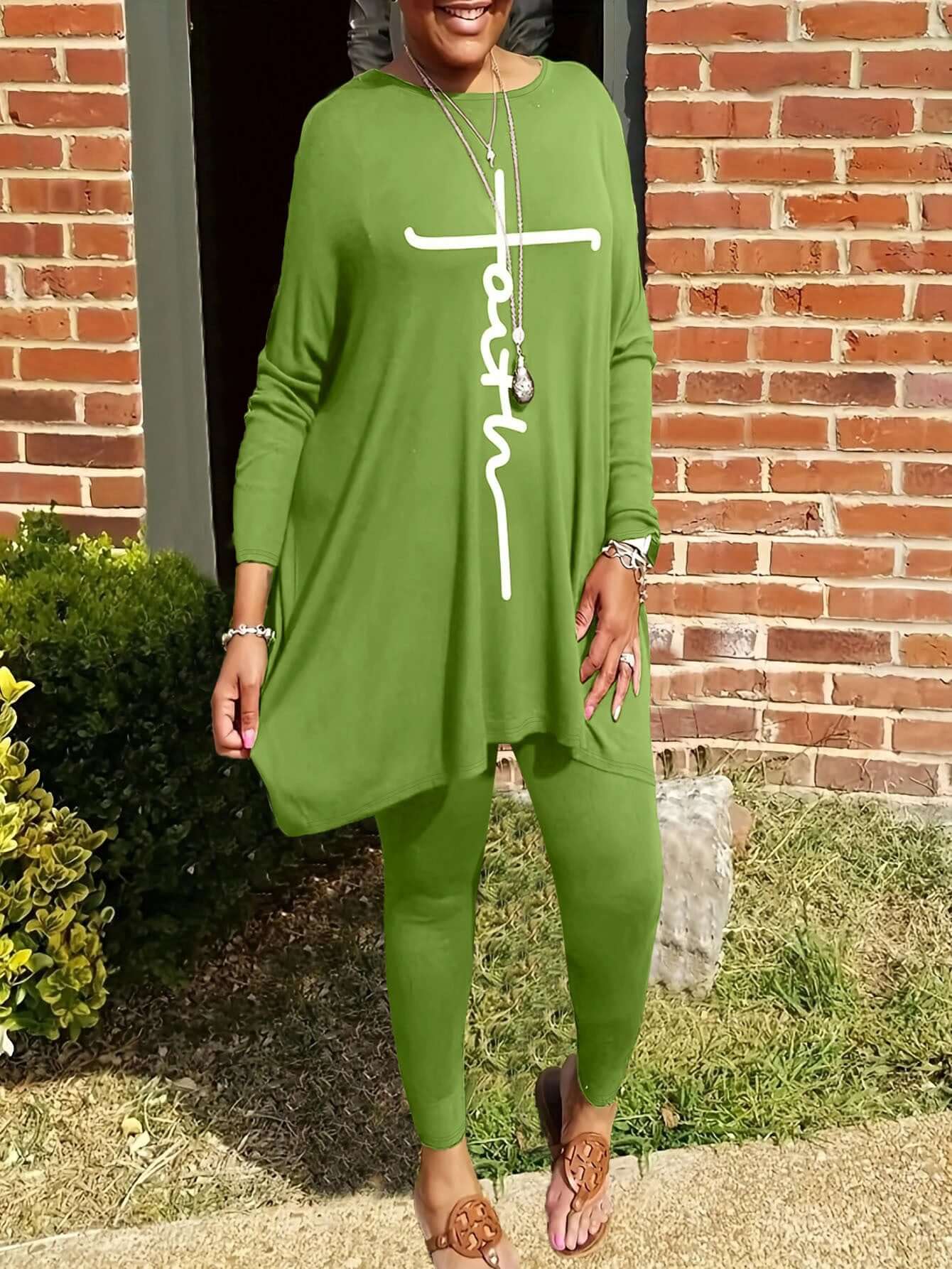 Round Neck Loose Long Sleeves Solid Color Printed Plus Size Women's Clothing Two - piece Set - DBMP (Electronics And More Store)