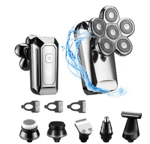 Men's five-in-one washable electric razor with LED display and multiple attachments for versatile grooming.