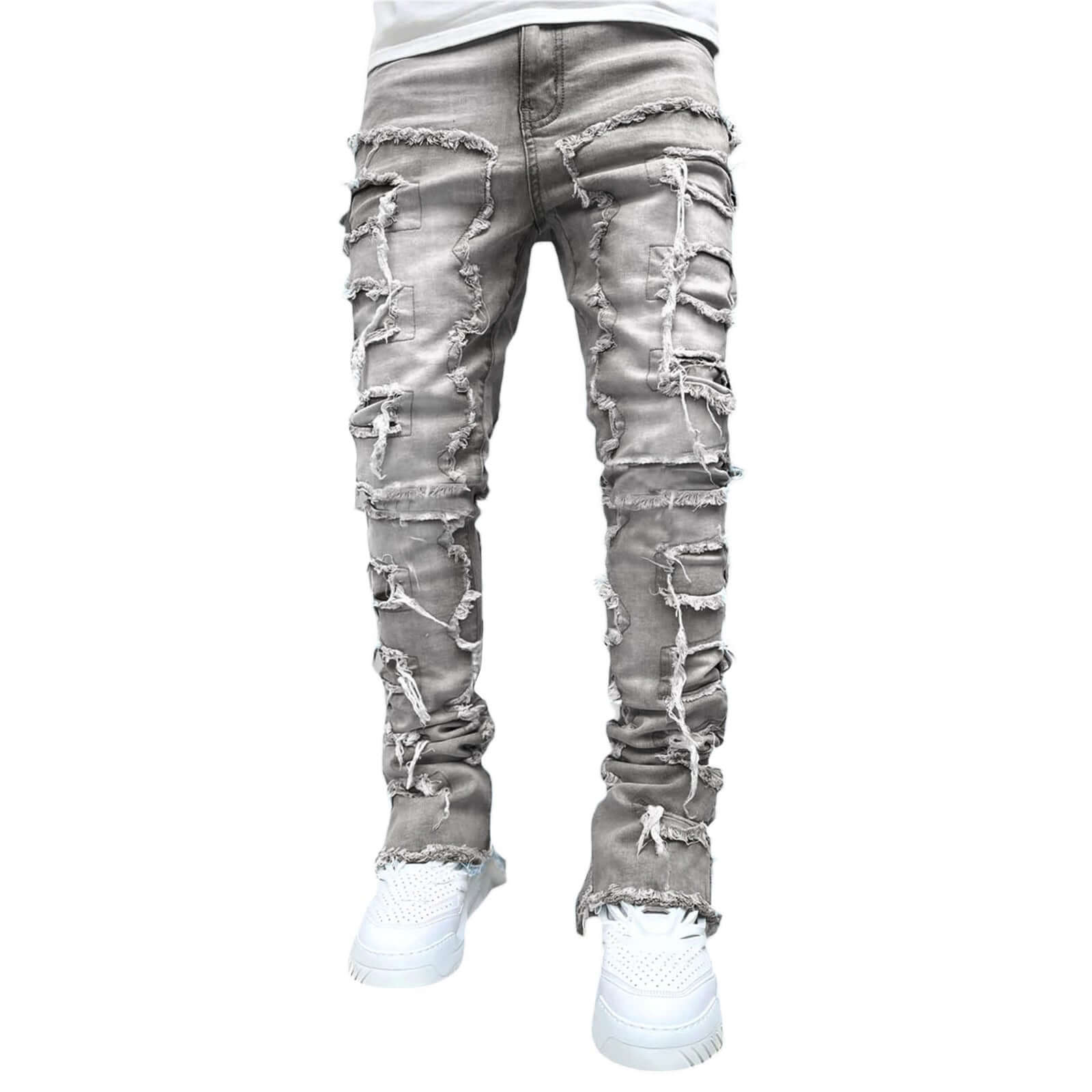 Men's distressed gray ripped jeans with unique patches, casual fashion style, perfect for trendy outfits.
