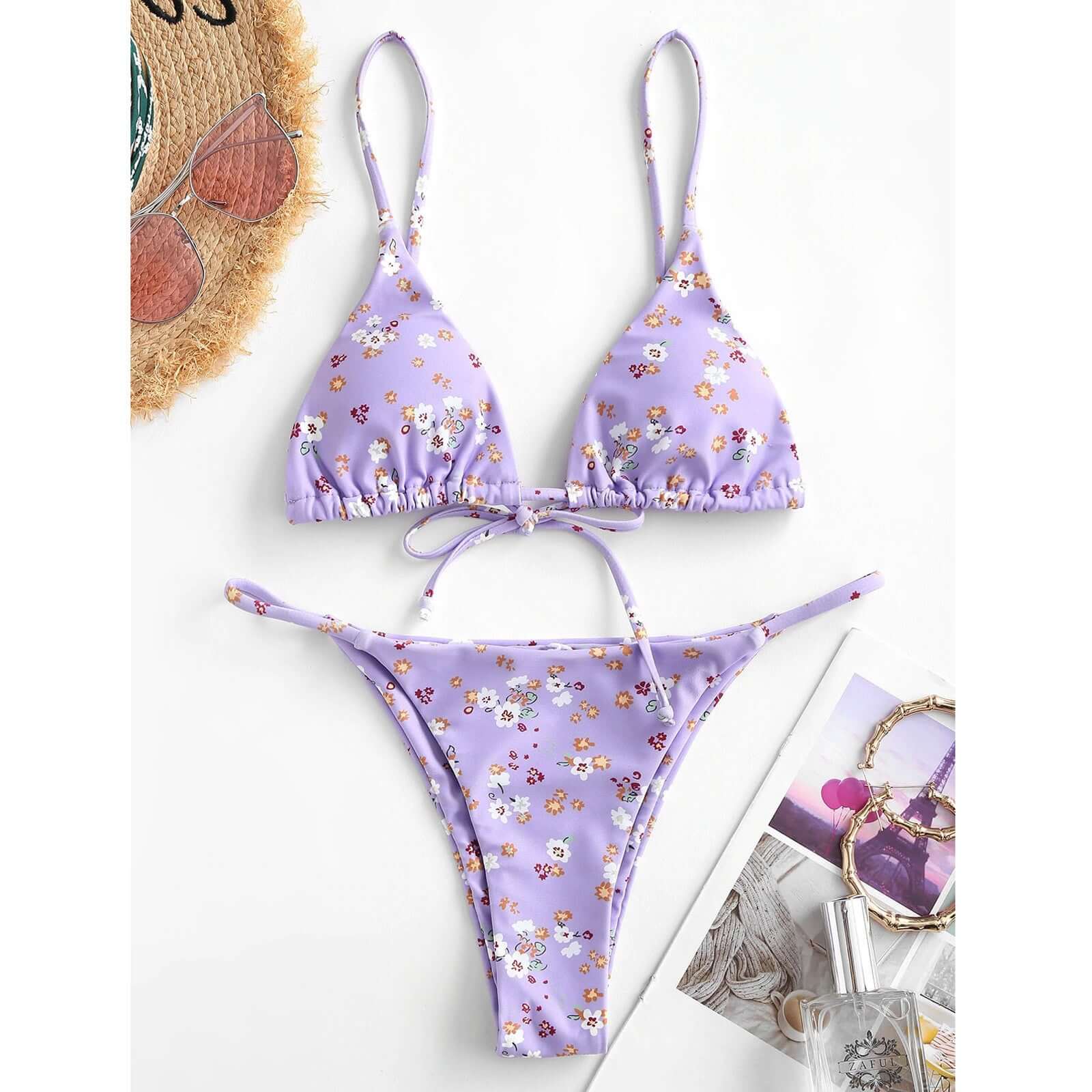 Summer flowers print bikini in lavender, stylish and comfortable two-piece swimsuit for women, perfect for beach outings.