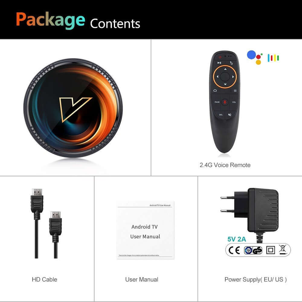 Package contents for W2 ATV Android TV Box including HD cable, 2.4G voice remote, user manual, and power supply.