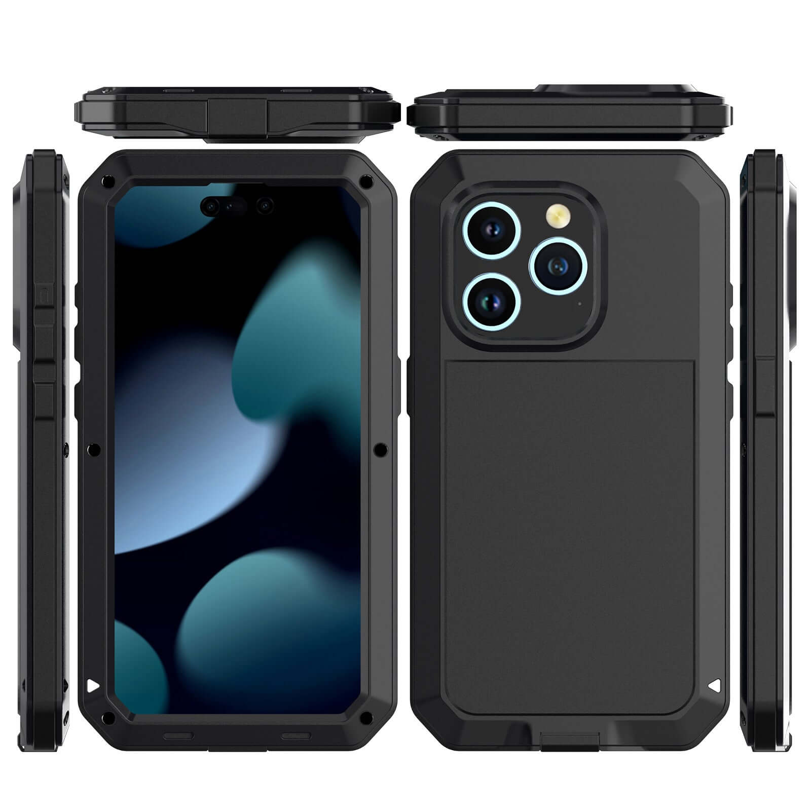 Metal three proof phone case in black, featuring anti-drop and waterproof design with shockproof protection.