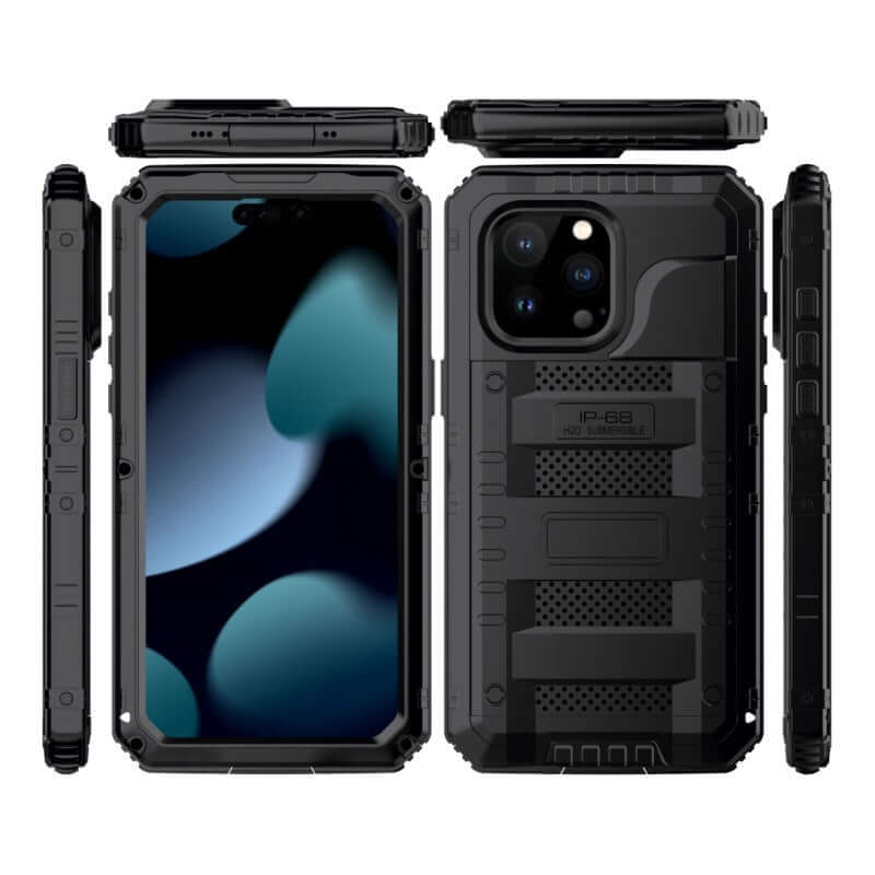 Outdoor sports metal mobile phone protective cover in black, featuring shockproof and anti-wear design for iPhone compatibility.