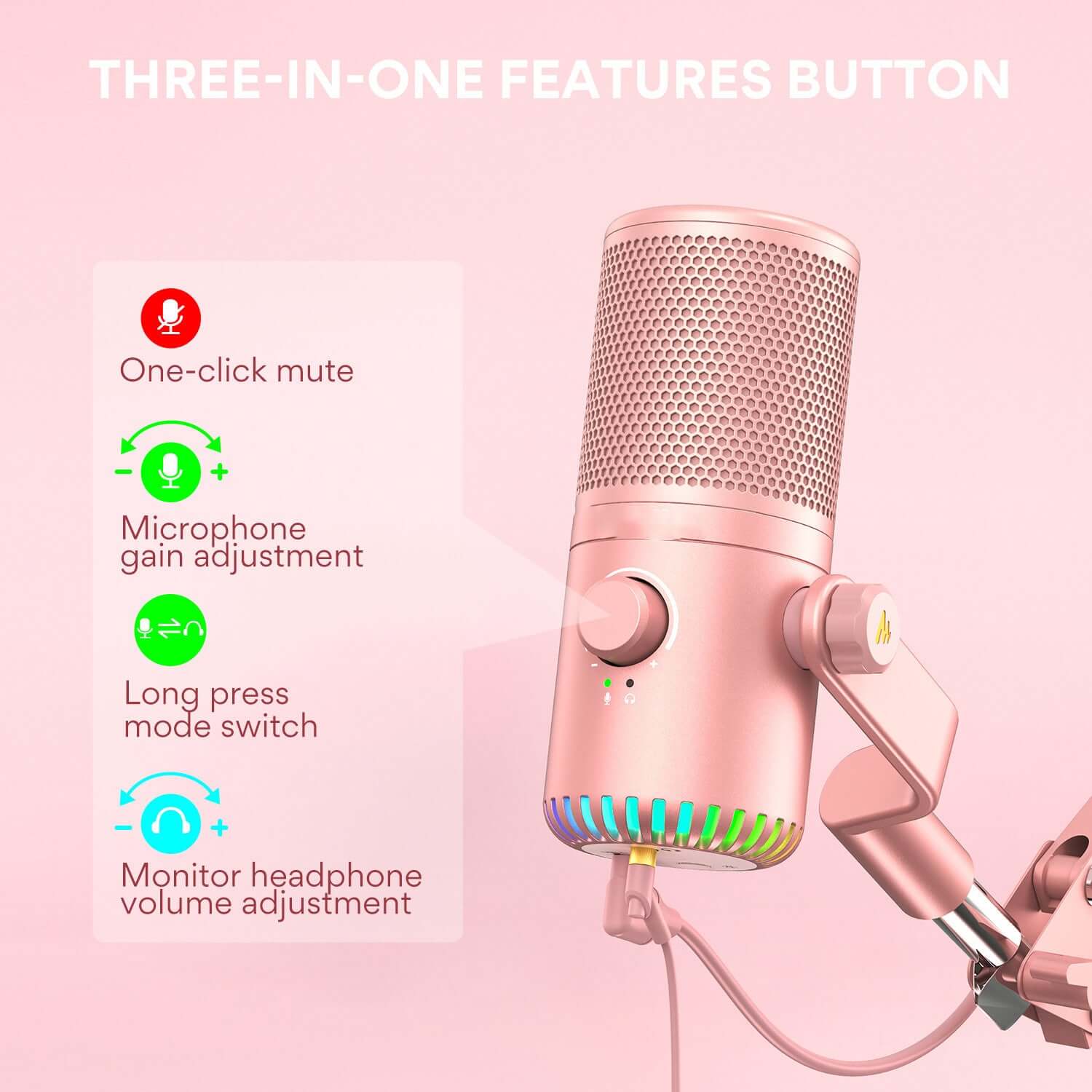 Home computer USB condenser microphone with three-in-one features button for mute, gain adjustment, and volume monitoring.
