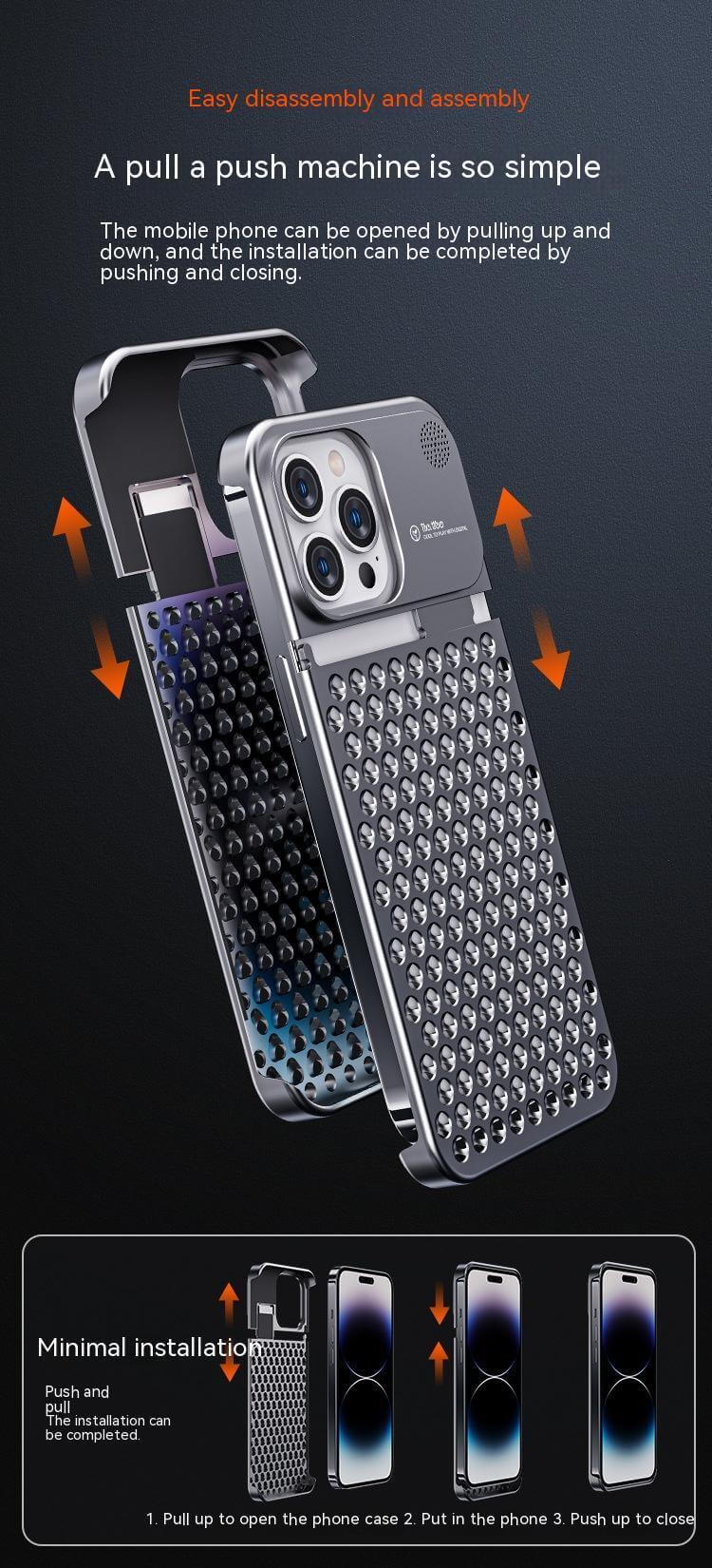 Aluminum alloy phone case with easy pull and push design, showcasing disassembly and installation instructions.