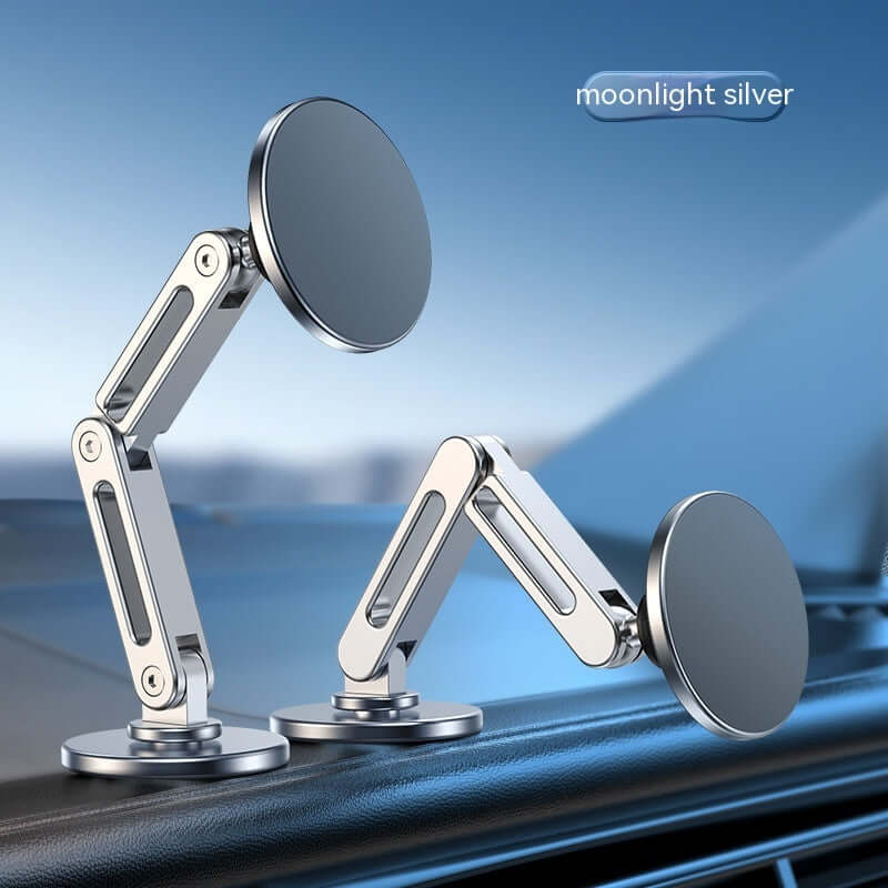 Magnetic car phone holder in moonlight silver, featuring 360-degree rotation and adjustable arm for convenience.