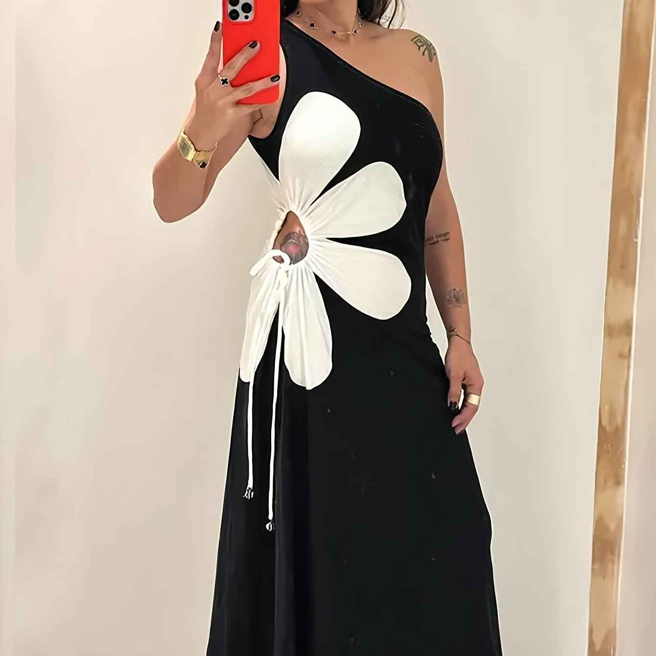 Large Flower Off-the-shoulder Sling Dress - DBMP Shop