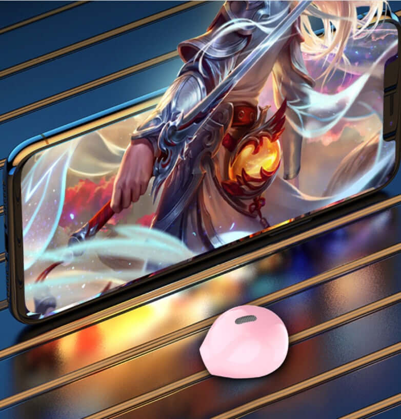 Pink wireless Bluetooth headset beside a smartphone displaying vibrant fantasy art, highlighting modern tech and entertainment.