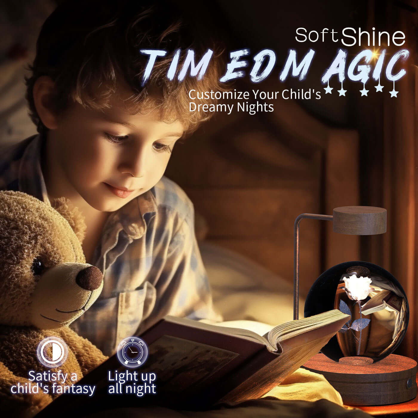 Child reading with teddy bear beside a cozy night light, creating a warm and dreamy atmosphere for bedtime.