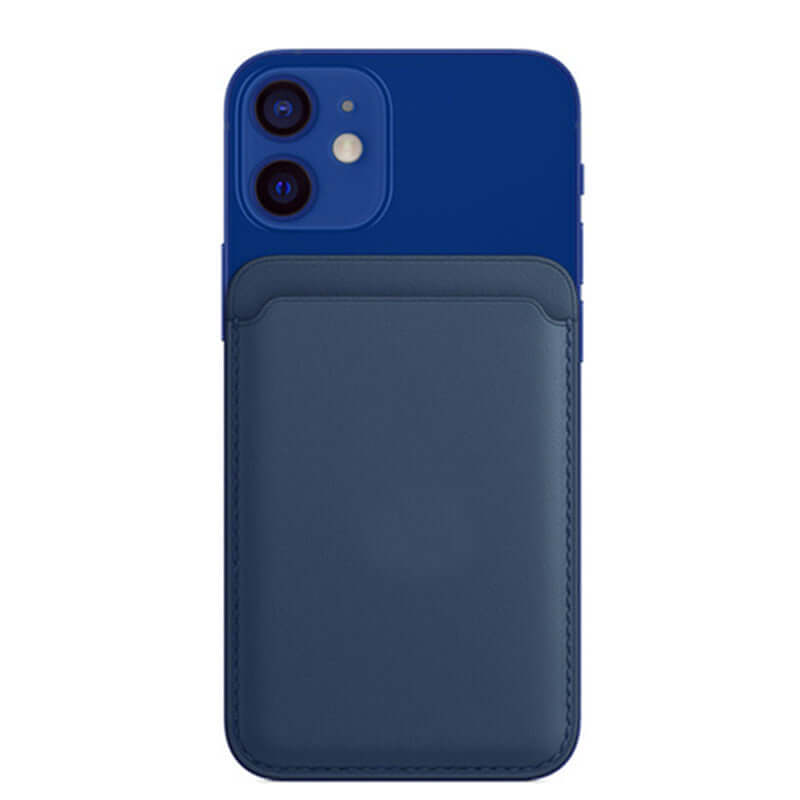 MagSafe magnetic luxury leather card holder wallet case in dark blue attached to a smartphone.
