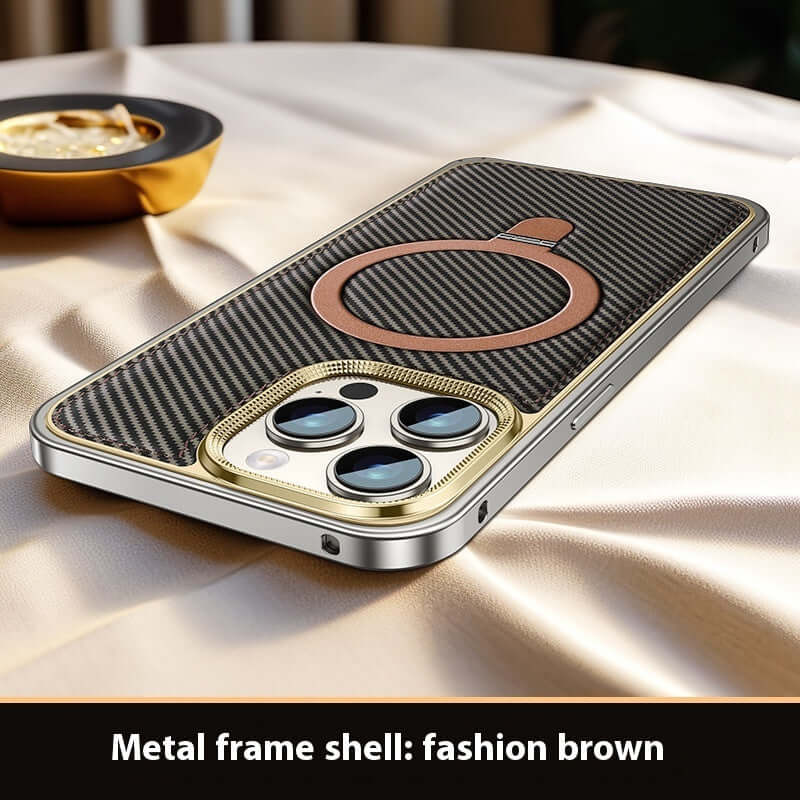 Fashion brown carbon fiber pattern phone case with metal frame, showcasing anti-drop protection and chic design.