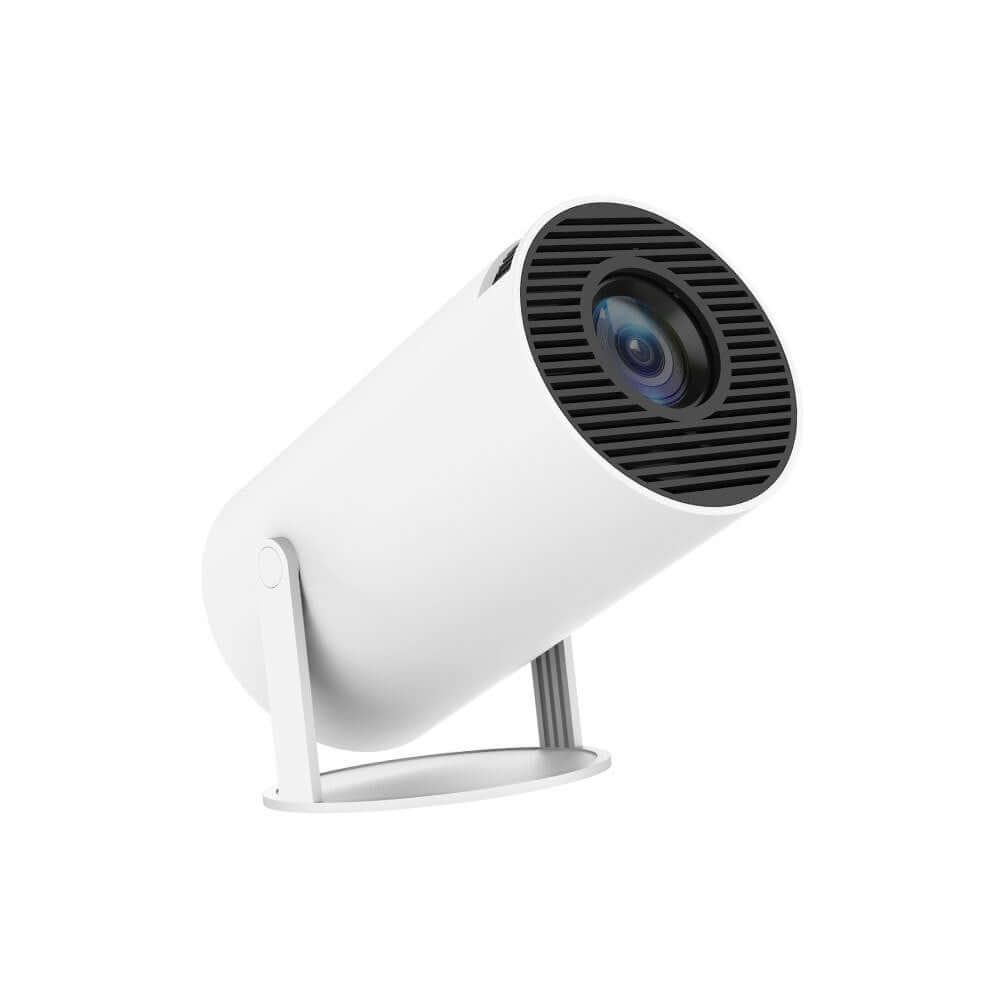 Portable projector in sleek white design, featuring a lens and adjustable stand for optimal viewing.
