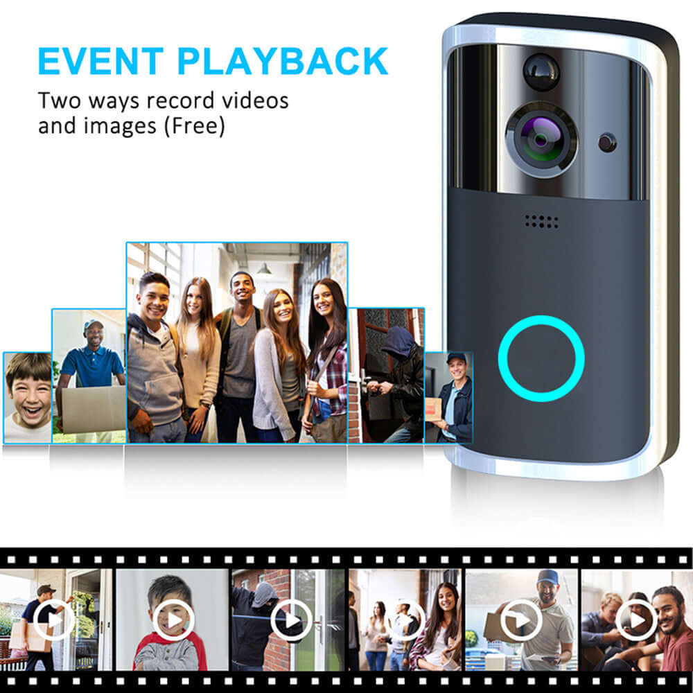 WiFi video doorbell camera with event playback feature, showcasing two-way recording of videos and images.