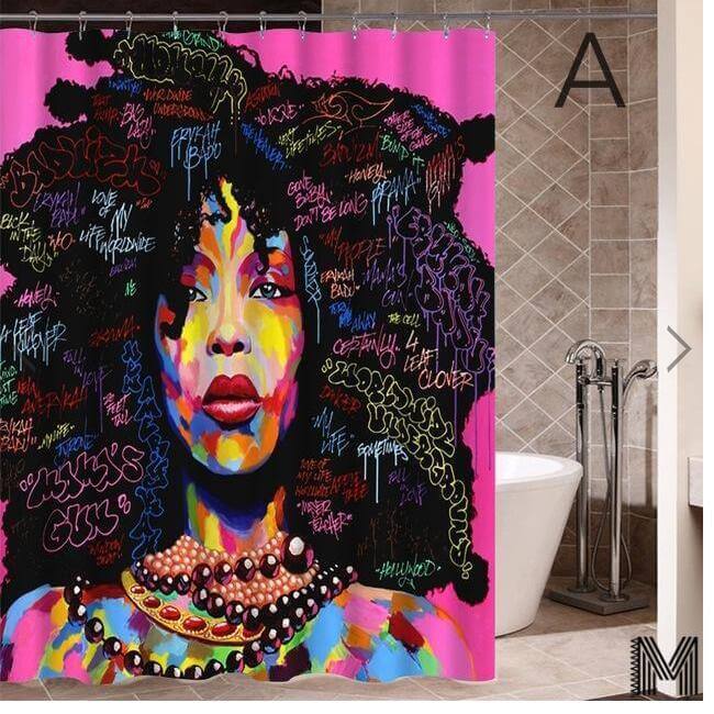 Art Design Graffiti Art Hip Hop African Girl with Black Hair Big Earring with Modern Building Shower Curtain for Bathroom Decor - DBMP (Electronics And More Store)