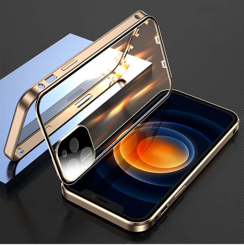 Metal frame snap double-sided glass phone case in gold, showcasing sleek design for Apple iPhone.