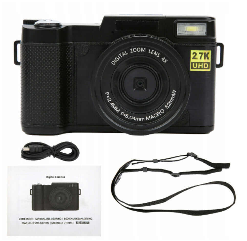 HD 27K R2S digital camera with 2.7K UHD, 4X digital zoom, included accessories and manual.