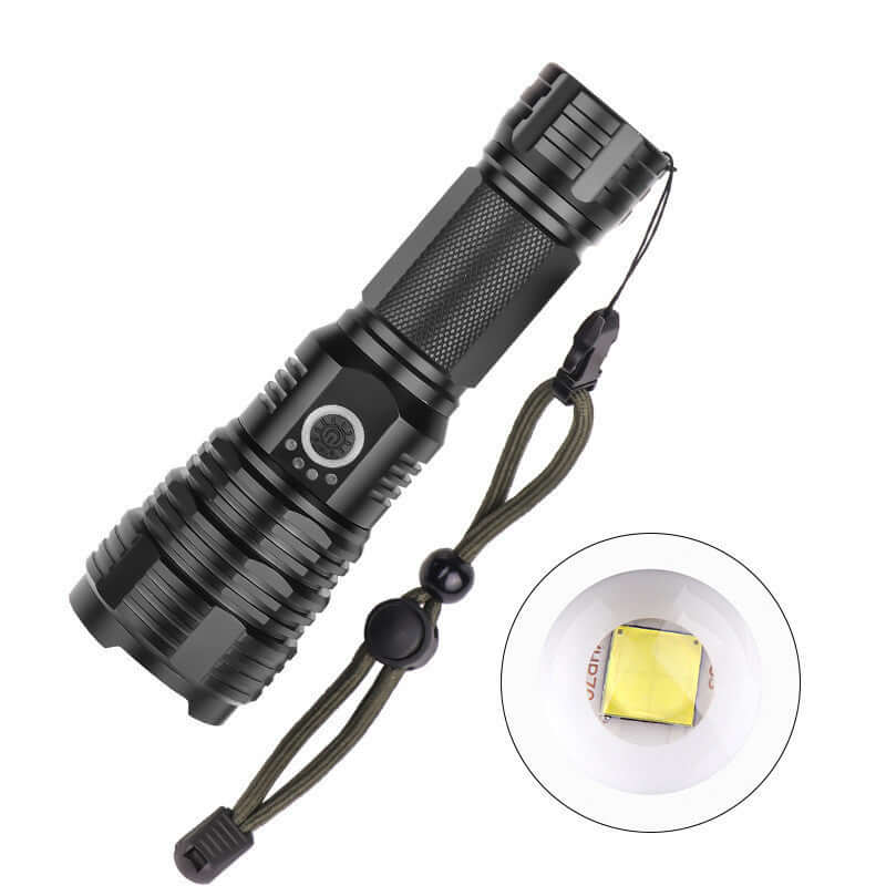 USB charging P70 outdoor flashlight with adjustable zoom and power display, featuring a sturdy aluminum alloy build.