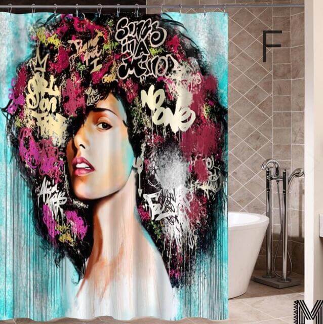 Art Design Graffiti Art Hip Hop African Girl with Black Hair Big Earring with Modern Building Shower Curtain for Bathroom Decor - DBMP (Electronics And More Store)