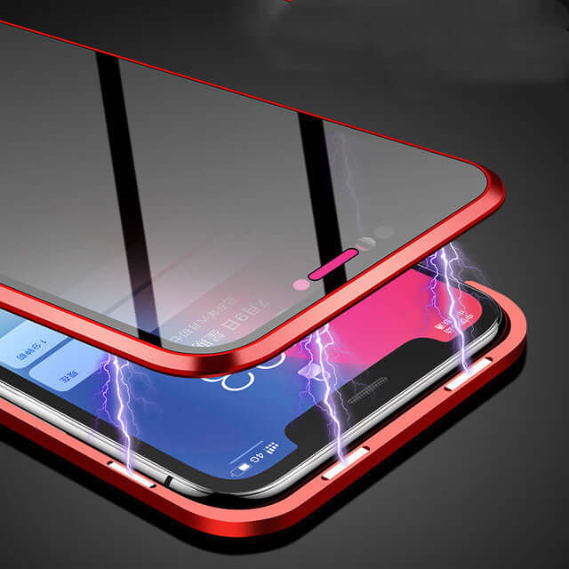 Red magnetic phone case with anti-peep privacy glass for iPhone, showcasing its sleek design and functionality.