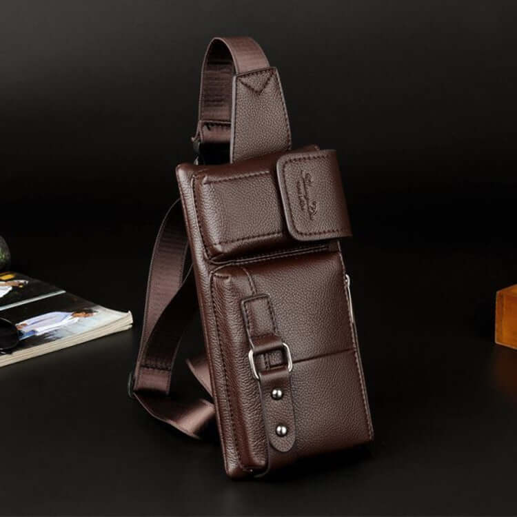 Brown men's waist bag with multiple pockets, designed for mobile phones and iPad mini, made from wear-resistant fabric.