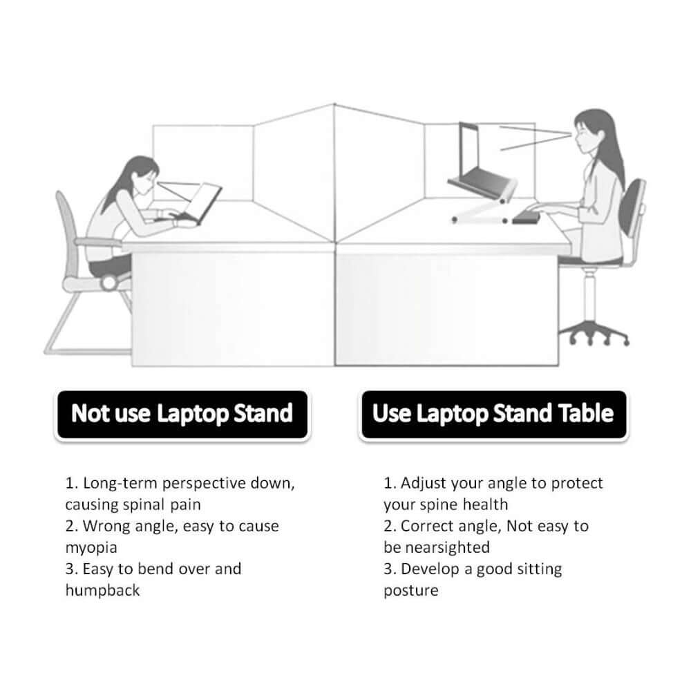 Comparison of laptop use: without stand causing discomfort vs. with ergonomic laptop stand for better posture.
