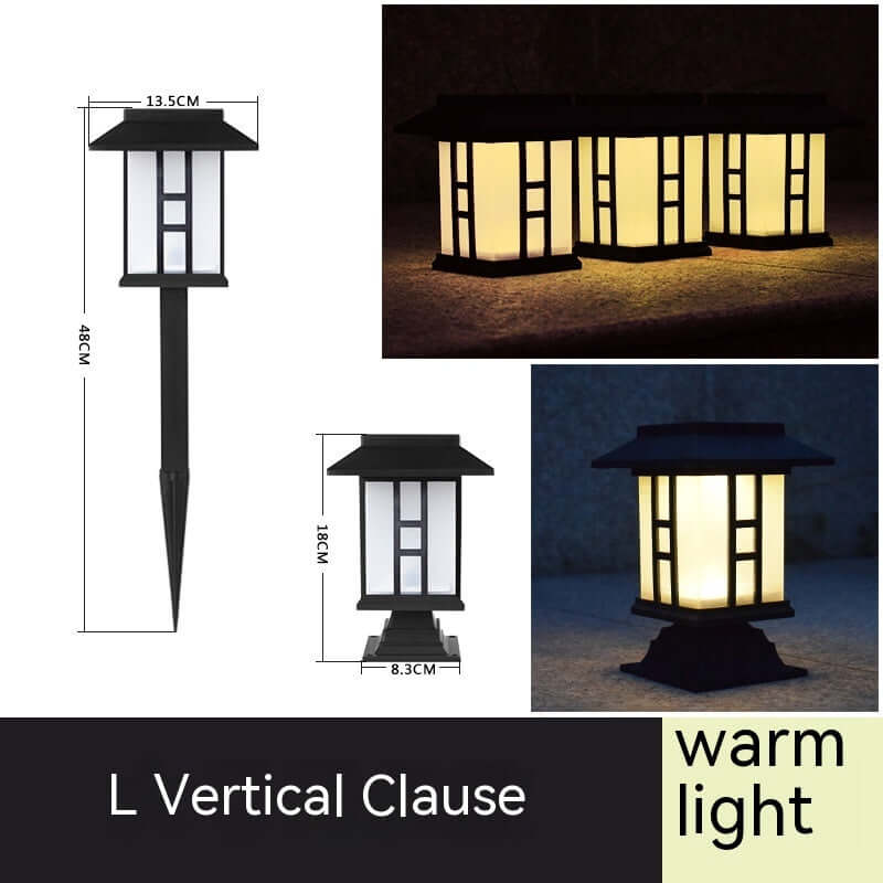 L Vertical Clause solar lamp in warm light, designed for courtyard gardens with dimensions and IP65 protection.
