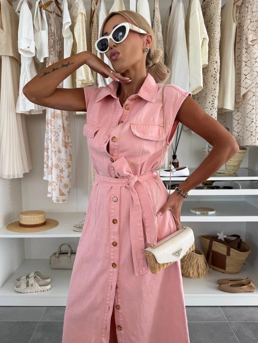 Women's Casual Sleeveless Lace - up Long Dresses Fashion Pockets Solid Party Office Elegant Lapel Single Breasted Denim Dress Summer - DBMP (Electronics And More Store)