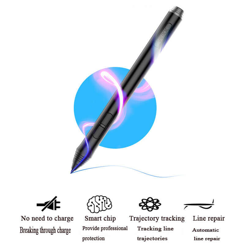 Black electronic drawing pen with smart features, no charging needed, showcasing trajectory tracking and line repair.