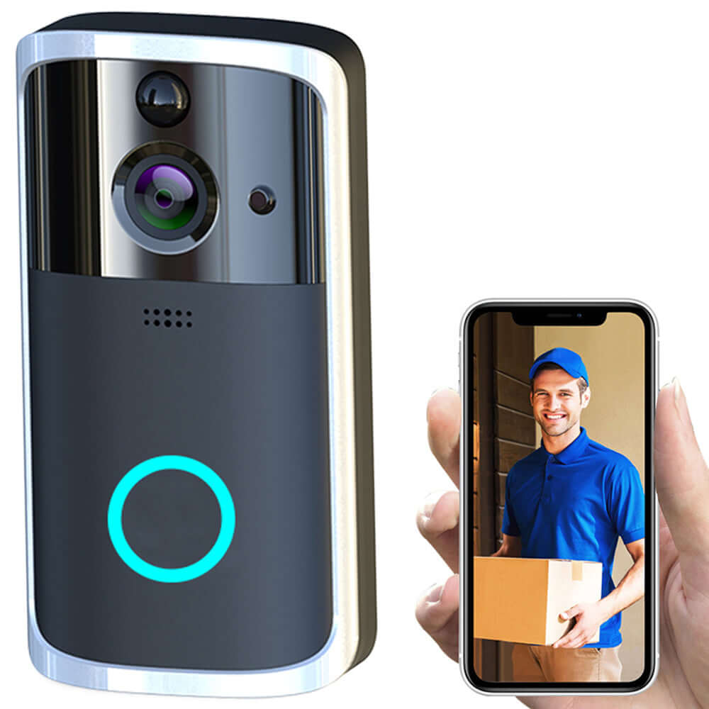 WiFi video doorbell camera with remote viewing and two-way audio, shown alongside smartphone with delivery person image.