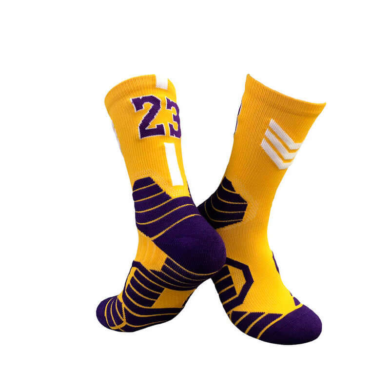 Bright yellow superstar basketball socks with purple accents and number 23, suitable for adults and children.