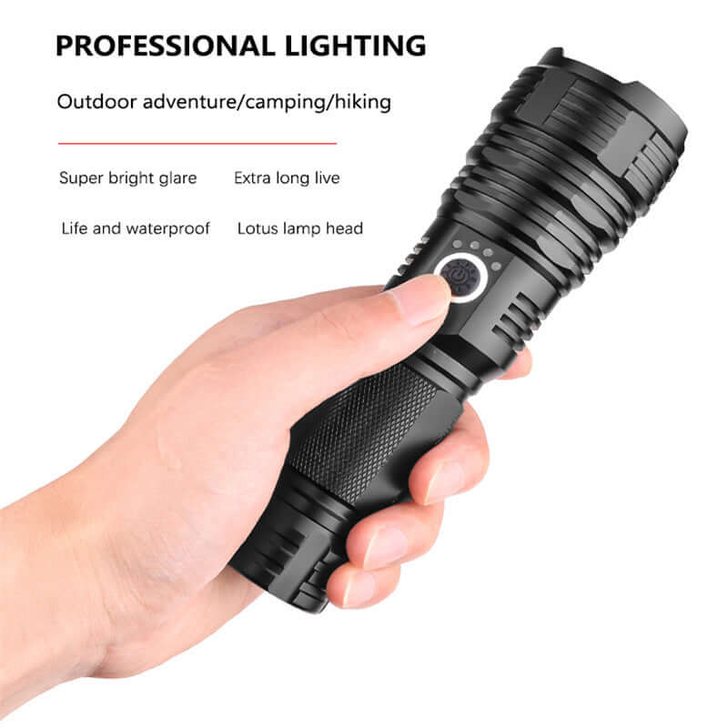 Hand holding a USB charging P70 outdoor flashlight, showcasing professional lighting features for camping and hiking.