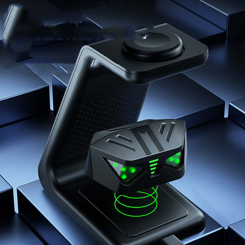 Gaming TWS Wireless Bluetooth Headset LK-GM01 in charging dock with green lights on a sleek surface.