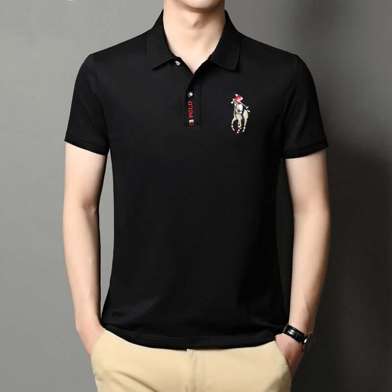Black short sleeve men's polo shirt with embroidery, suitable for casual and semi-formal wear.