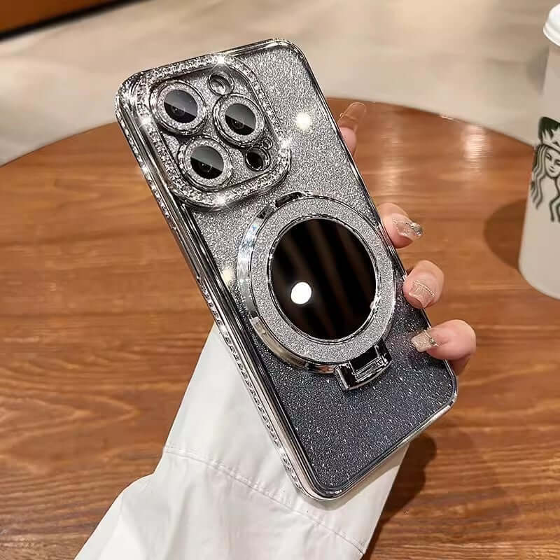 Glitter protective phone case with makeup mirror for iPhone models, showcased on a wooden table.