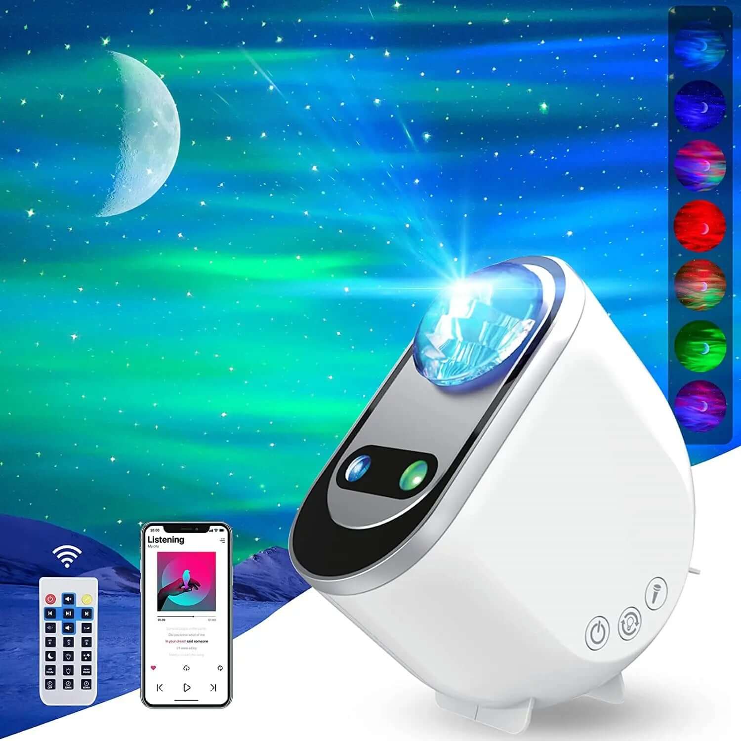Aurora Borealis projector with remote control displaying colorful night sky and moon projection for bedroom decor.