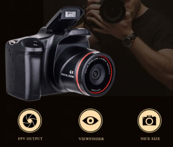Digital camera featuring 4x digital zoom and viewfinder with FPV output, compact design for easy handling.