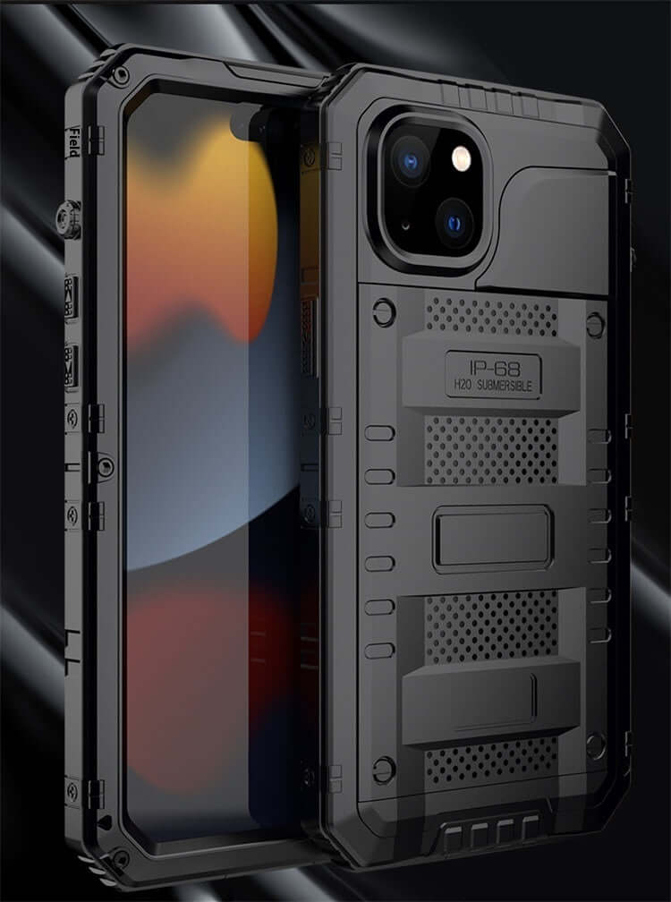 Outdoor sports metal mobile phone protective cover in black, shockproof, anti-wear, compatible with iPhone.