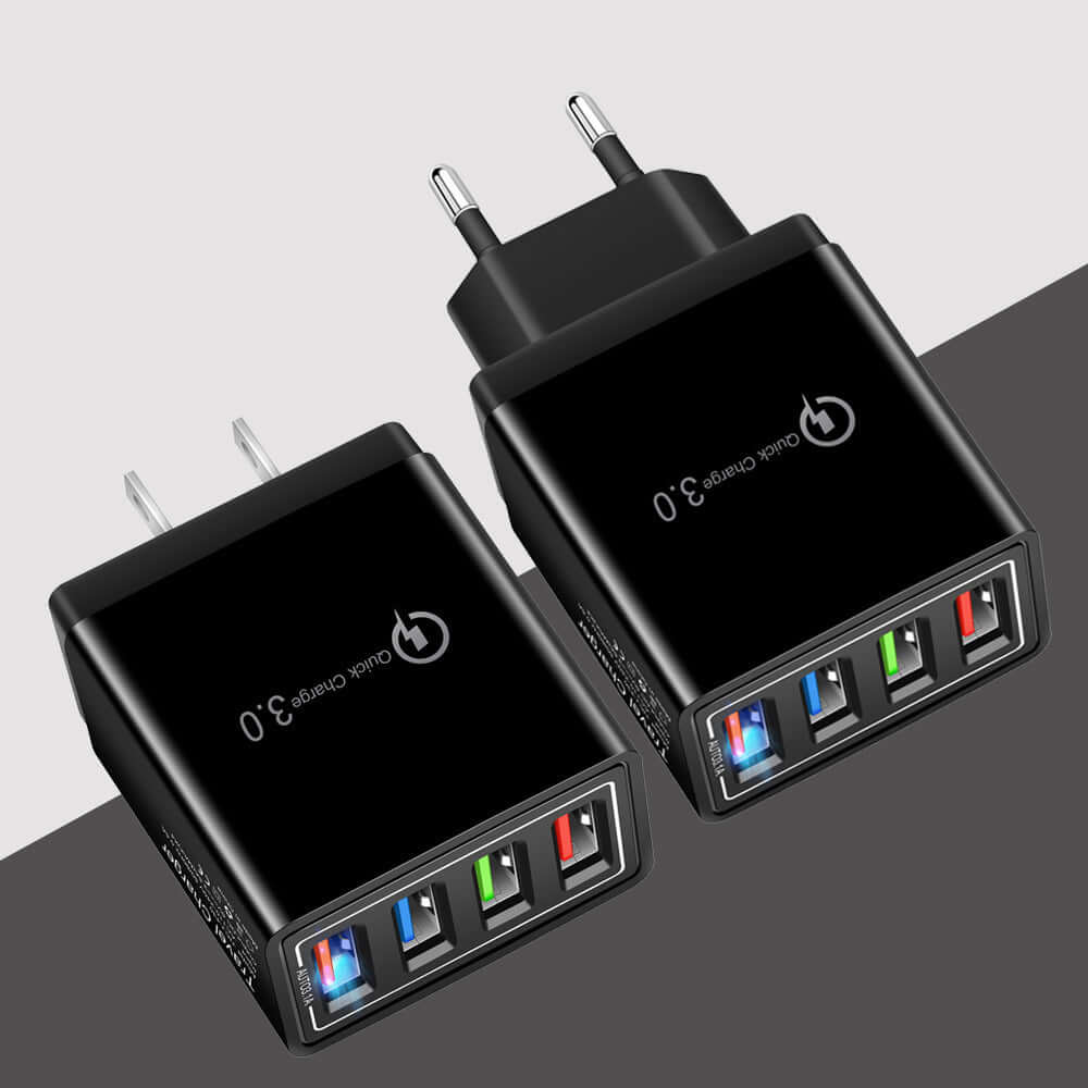 Two black USB wall chargers with Quick Charge 3.0, featuring four USB ports each for fast charging multiple devices.