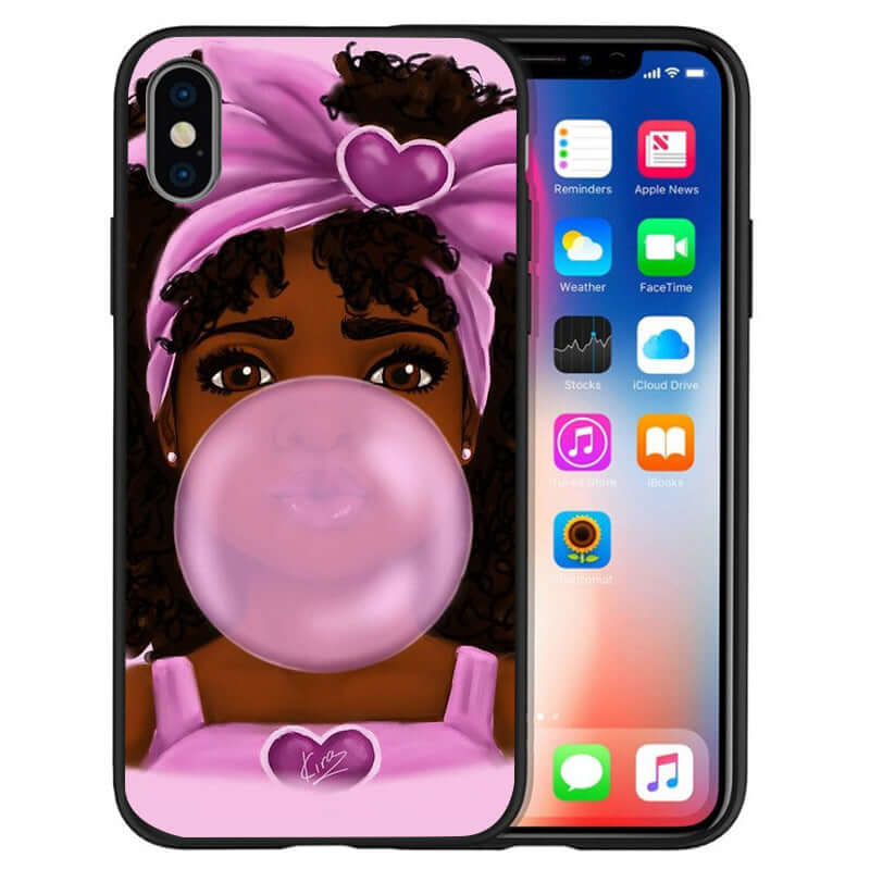 Cute fashion girl phone case with a design of a girl blowing a bubblegum, featuring a pink headband and stylish aesthetics.