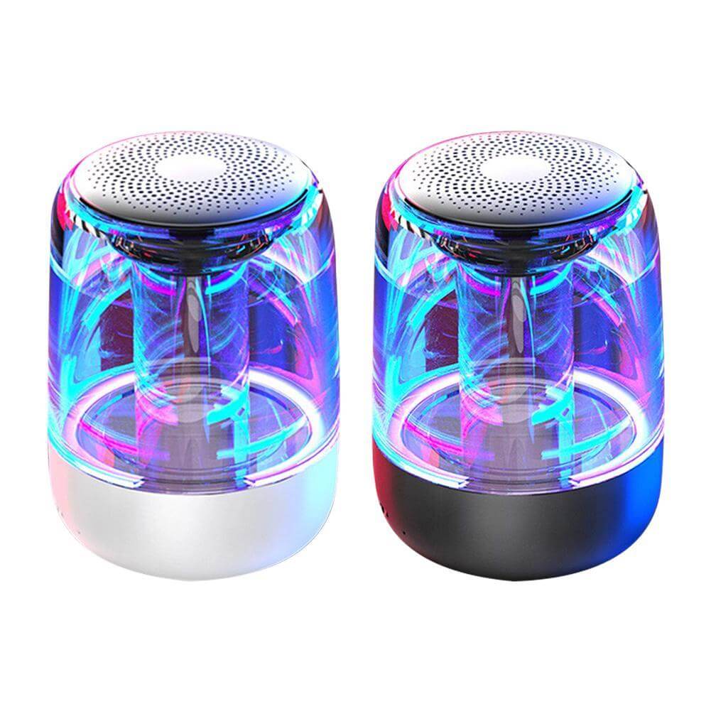 Colorful portable Bluetooth speakers with LED lights, ideal for powerful bass and outdoor use.
