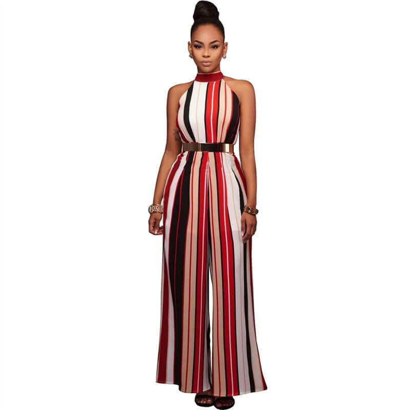 Summer romper for women, striped halter jumpsuit, casual and elegant plus size overalls, sleeveless design.