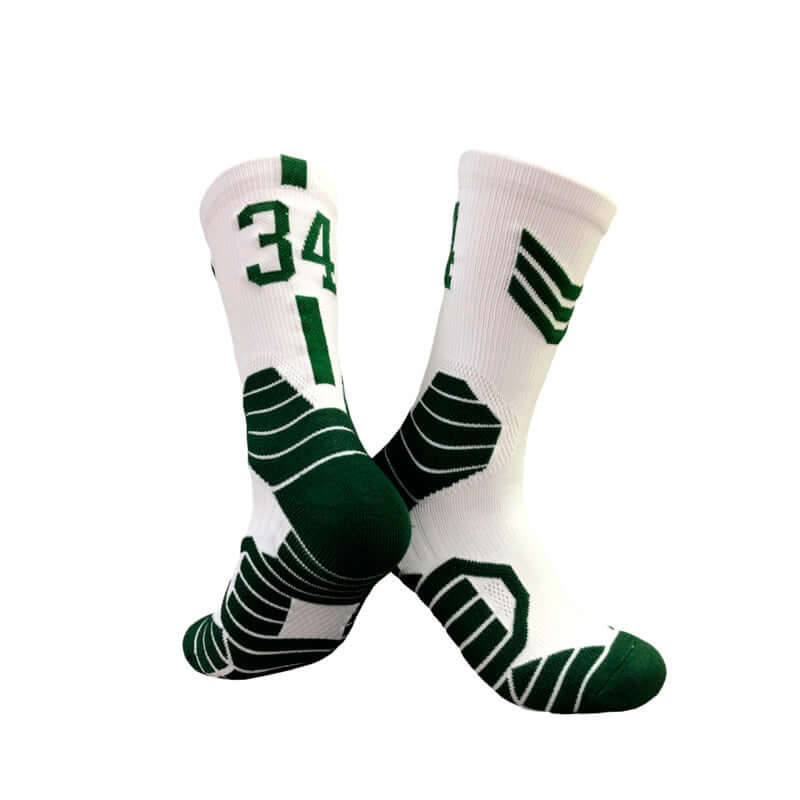 Superstar basketball socks in white and green, featuring sporty design and number 34, perfect for athletes.