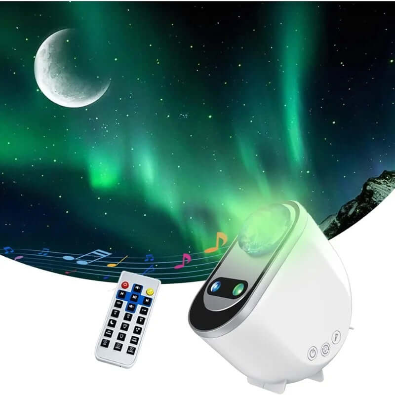 Aurora Borealis projector with remote control, displaying stars and moon in vibrant colors for bedroom decor.