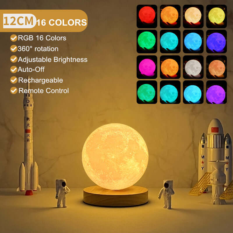 12cm RGB moon lamp with 16 colors, adjustable brightness, rechargeable, remote control, featuring a space-themed decor.