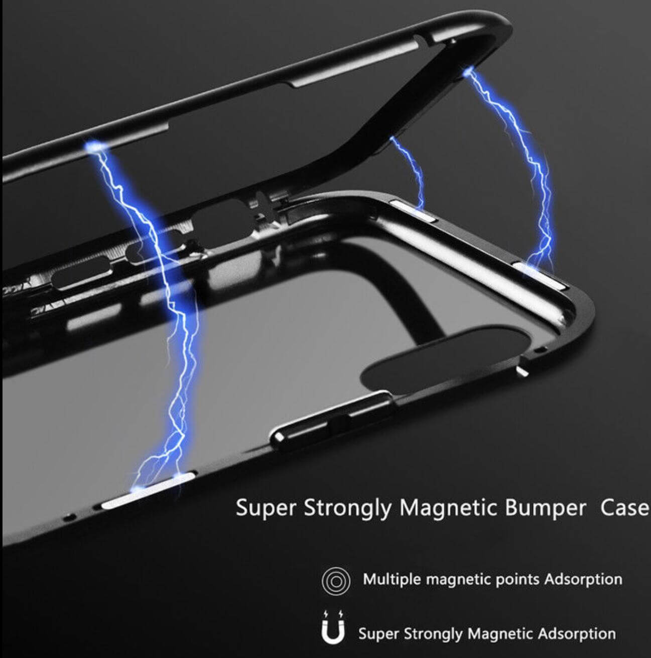 Magnetic tempered glass shell screen protector showcasing super strong magnetic bumper design with multiple adsorptive points.